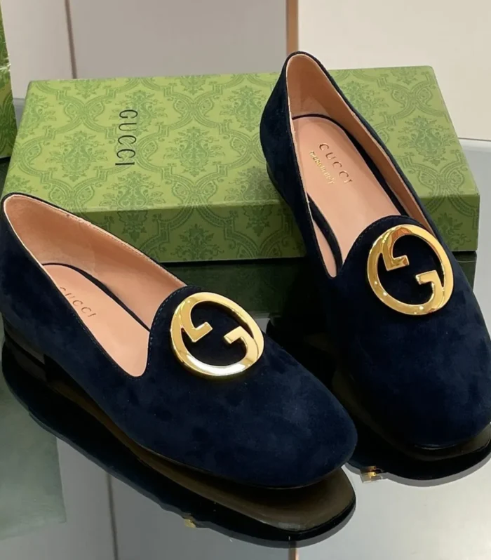 BLONDIE LOGO-PLAQUE LOAFERS IN SPACE BLUE SUEDE