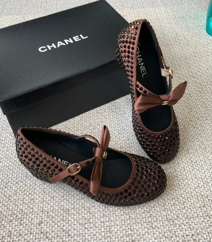 CC MARY JANES SHOES IN UMBER BROWN SATIN WITH RHINESTONES