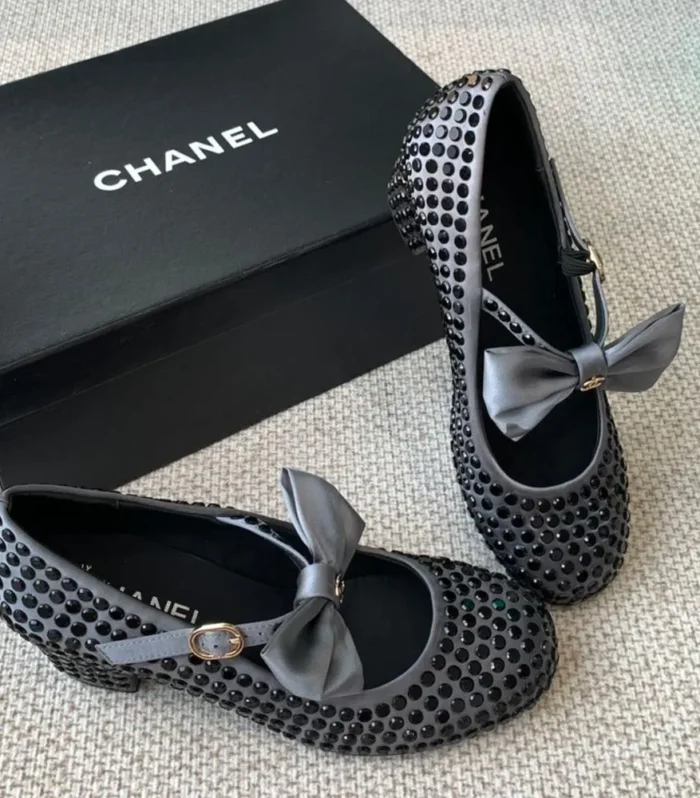 CC MARY JANES SHOES IN STEEL GRAY SATIN WITH BLACK RHINESTONES