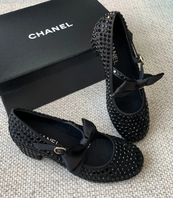 CC MARY JANES SHOES IN BLACK SATIN WITH RHINESTONES