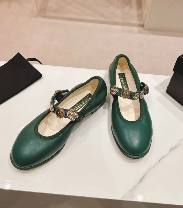 CC MARY JANES GREEN CALFSKIN LIGHT GOLD METALIC