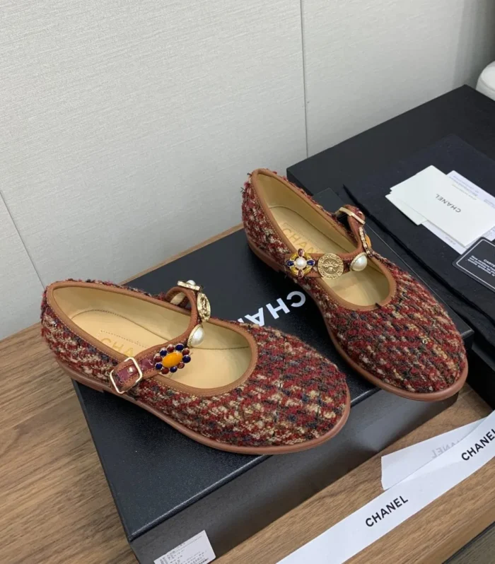 CC MARY JANES BROWN WOOL TWEED AND FABRIC