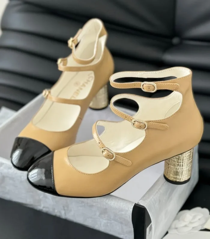 CC MARY JANE SHOES THREE STRAPS IN SEPIA BEIGE MIX BLACK LAMBSKIN