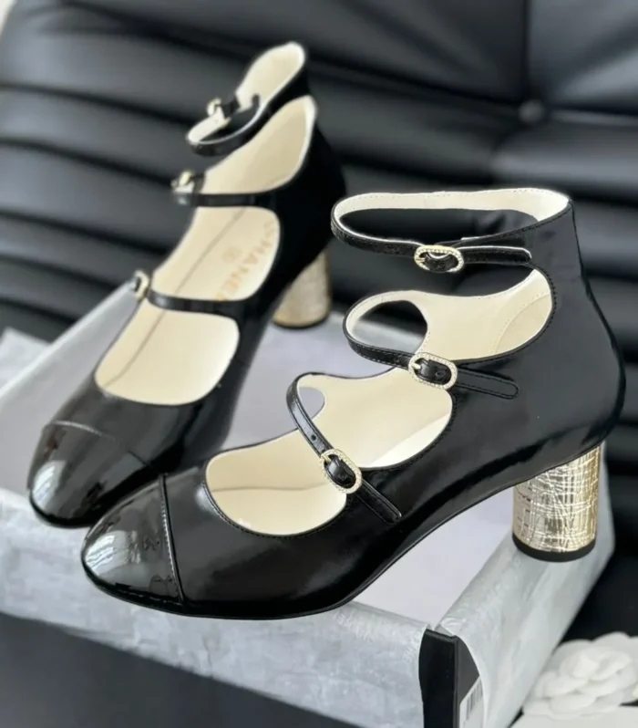 CC MARY JANE SHOES THREE STRAPS BLACK LAMBSKIN WITH GOLD HARDWARE