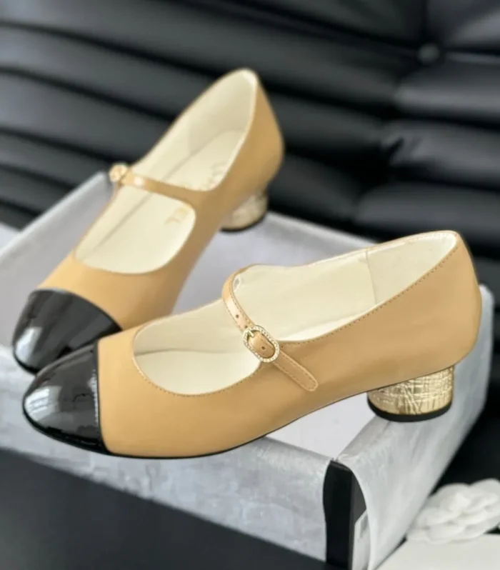CC MARY JANE SHOES IN SEPIA BEIGE MIX BLACK LAMBSKIN WITH GOLD HARDWARE