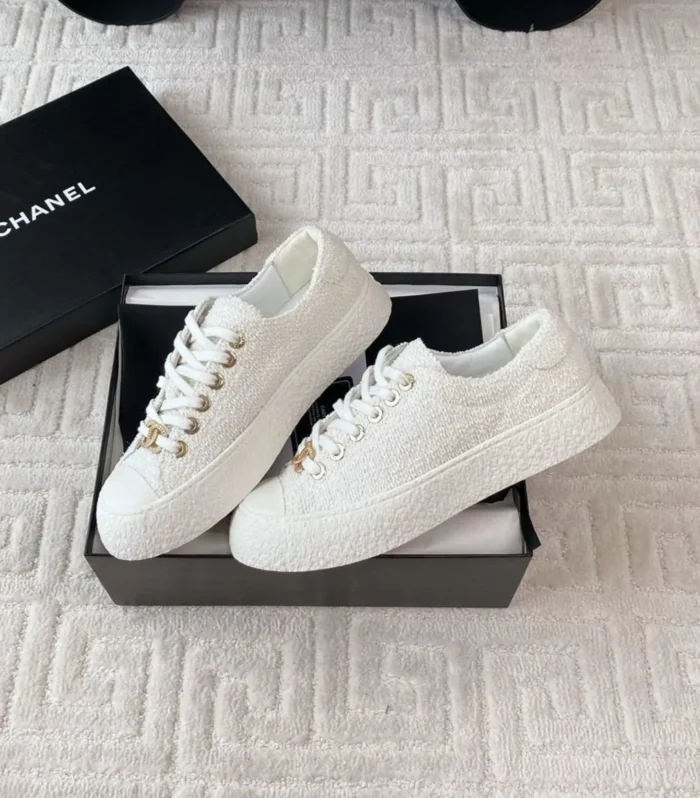 CC Low Sneaker 35mm White Tweed Fabric And Lambskin