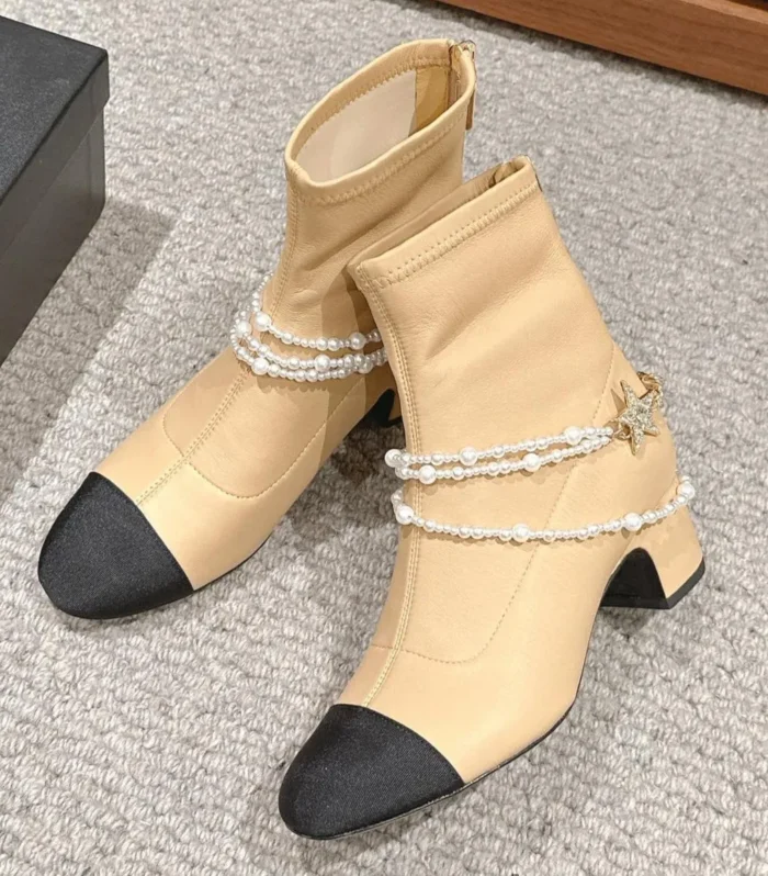 CC LOW CUT BOOTS IN SEPIA BEIGE STRETCH LAMBSKIN AND GROSGRAIN WITH PEARL CHAIN