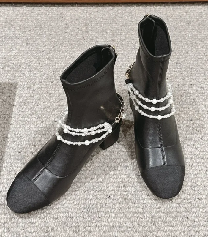 CC LOW CUT BOOTS IN BLACK STRETCH LAMBSKIN AND GROSGRAIN WITH PEARL CHAIN