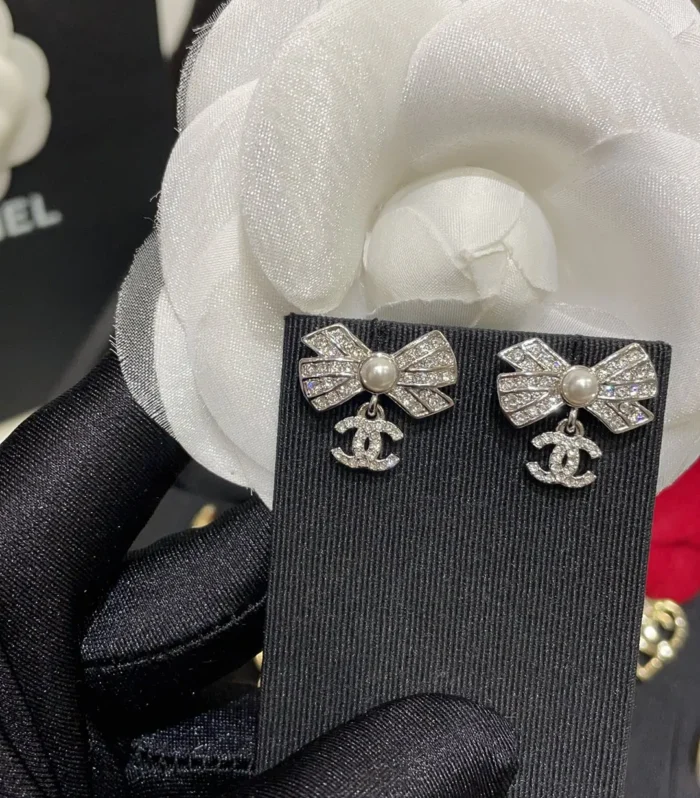 Chanel Bow Rhinestone Stud Earrings