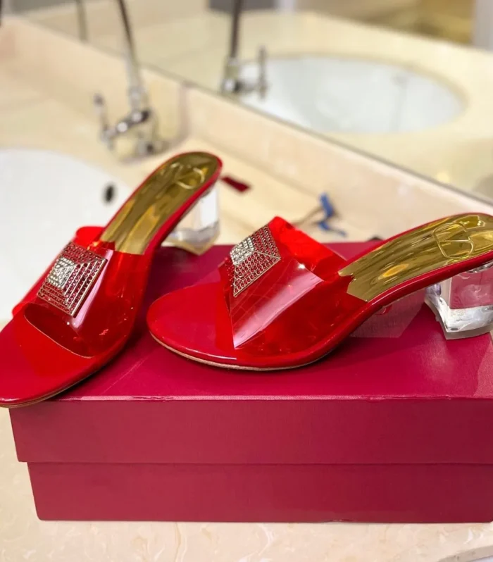 HIGH MULE 60MM IN CHERRY RED SHEEPSKIN AND TRANSPARENT PVC