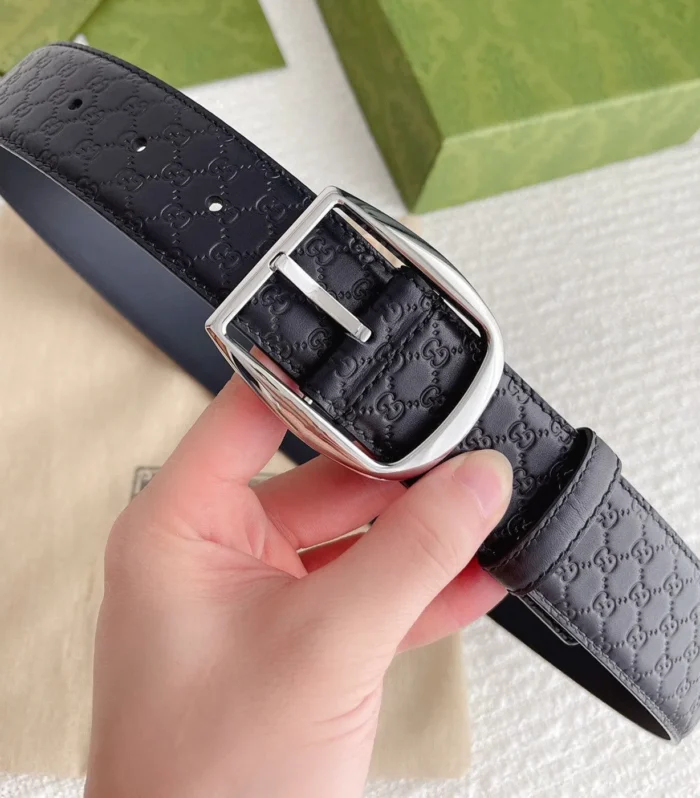 GC BELT SILVER BUCKLE IN GG SINK LEATHER 4.0CM
