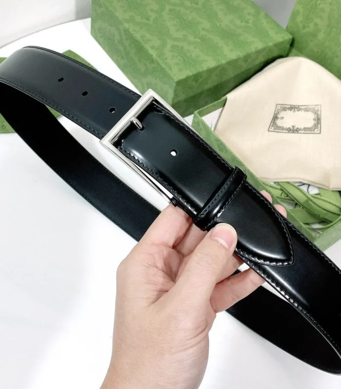 G BELT SILVER SQUARE INSTALL BUCKLE BLACK LEATHER 4.0CM
