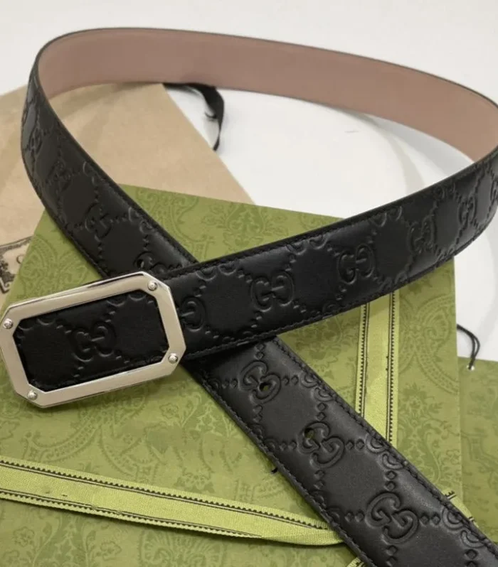 G BELT SILVER SQUARE BUCKLE BLACK LEATHER 3.5CM