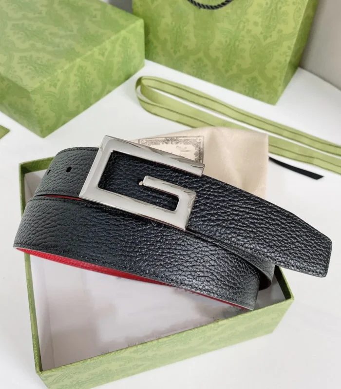 G BELT SILVER BUCKLE RED BLACK LEATHER 3.5CM