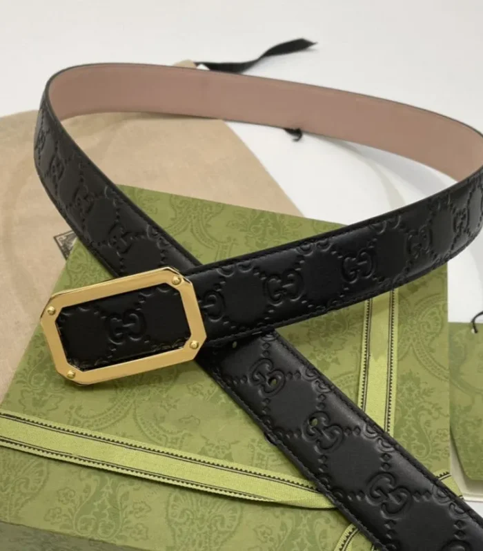 G BELT GOLD SQUARE BUCKLE BLACK LEATHER 3.5CM