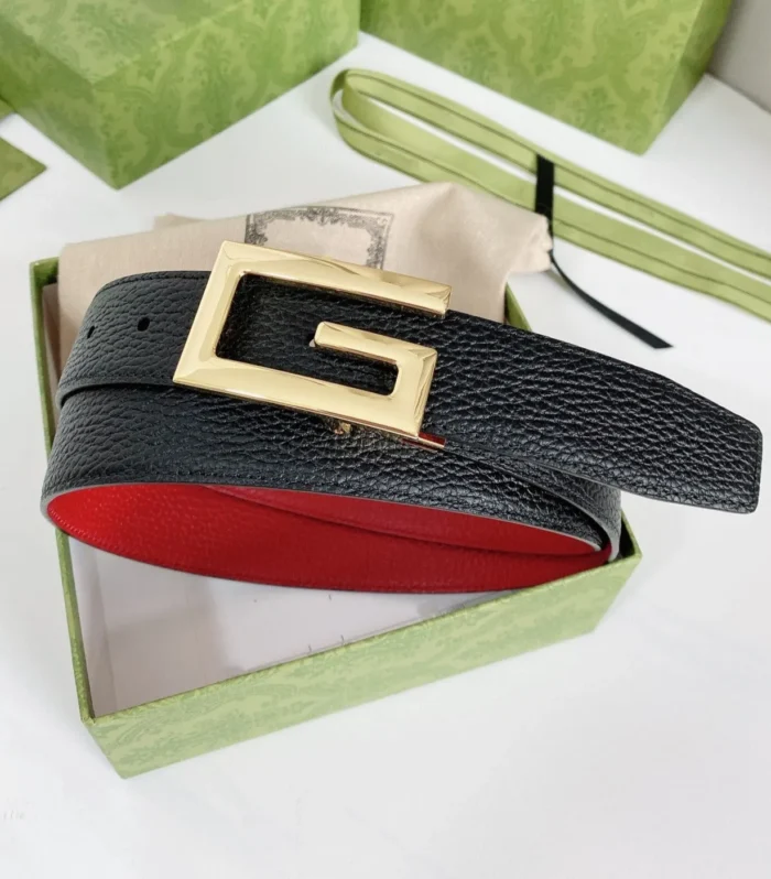 G BELT GOLD BUCKLE RED BLACK LEATHER 3.5CM