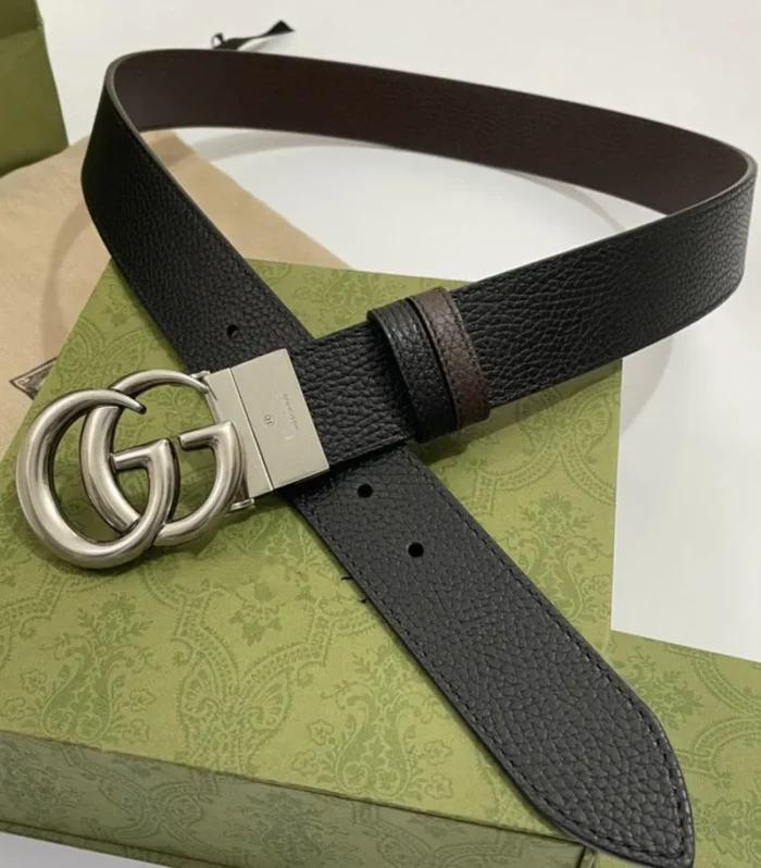 DOUBLE G SILVER BUCKLE 38MM BLACK BROWN LEATHER