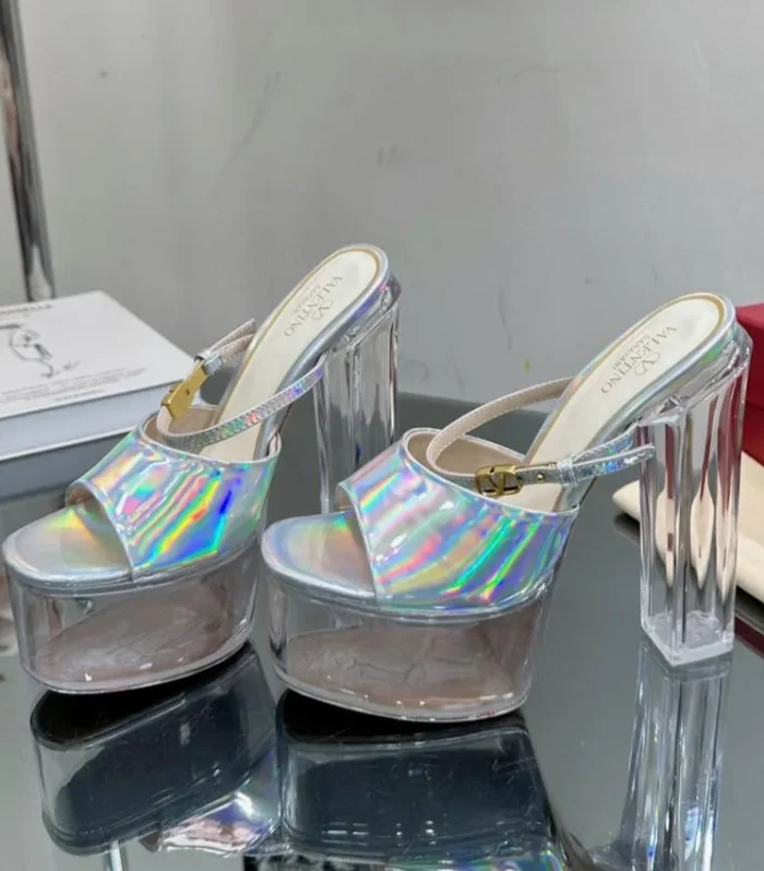HIGH HEEL SANDAL 14CM IN SILVER CALFSKIN AND TRANSPARENT PVC