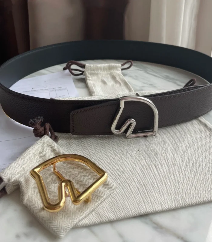H BELT HORSE BUCKLE DARK BROWN BLACK LEATHER REVERSIBLE  3.8CM