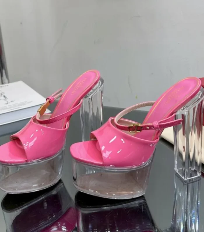 HIGH HEEL SANDAL 14CM IN BRIGHT PINK CALFSKIN AND TRANSPARENT PVC
