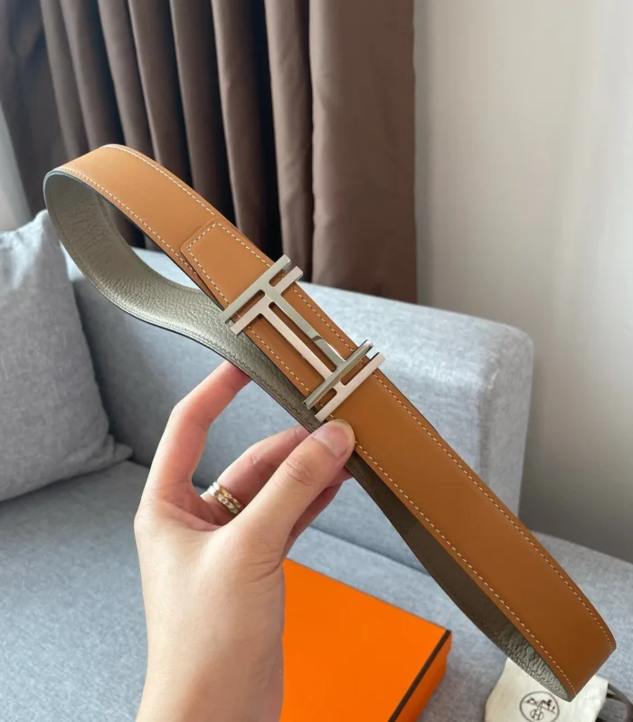 DOUBLE H REVERSIBLE BELT 32MM SILVER BUCKLE GOLD TIN GREY LEATHER