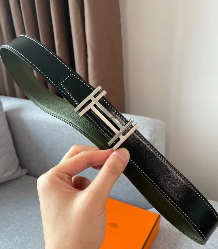 DOUBLE H REVERSIBLE BELT 32MM SILVER BUCKLE BLACK DARK GREEN LEATHER