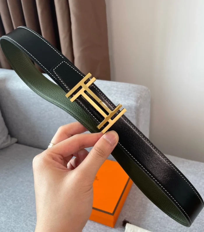 DOUBLE H REVERSIBLE BELT 32MM GOLD BUCKLE BLACK DARK GREEN LEATHER