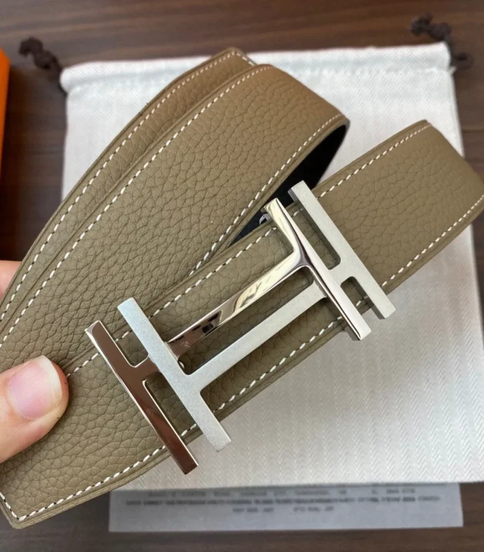 DOUBLE H BELT 32MM SILVER BUCKLE BLACK ETOUPE LEATHER