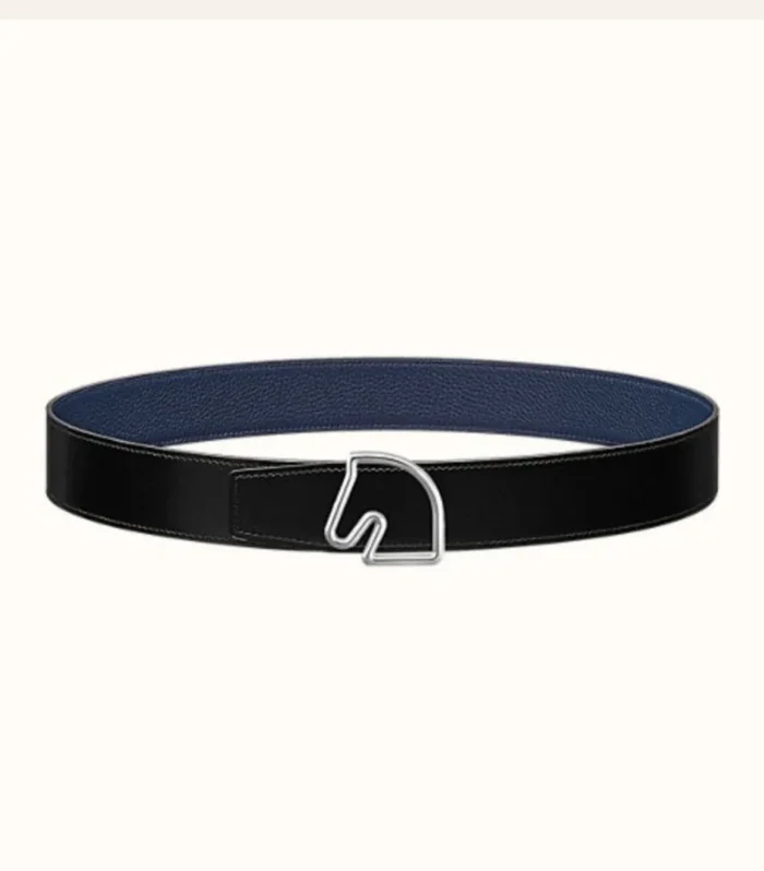 BOUCLE BELT BUCKLE & REVERSIBLE NAVY BLUE AND BLACK AND WHITE LEATHER STRAP 38MM SILVER HARDWARE