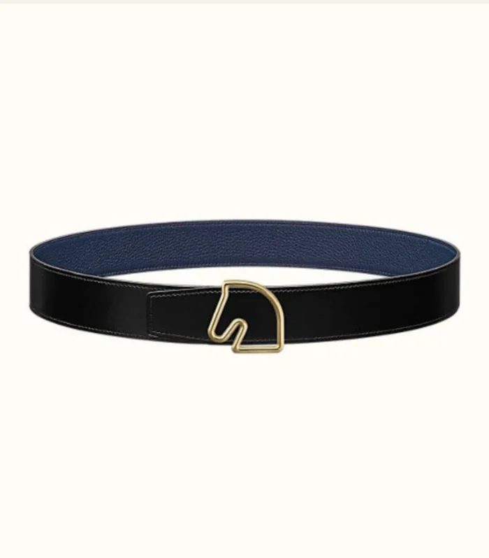 BOUCLE BELT BUCKLE & REVERSIBLE NAVY BLUE AND BLACK AND WHITE LEATHER STRAP 38MM GOLD HARDWARE