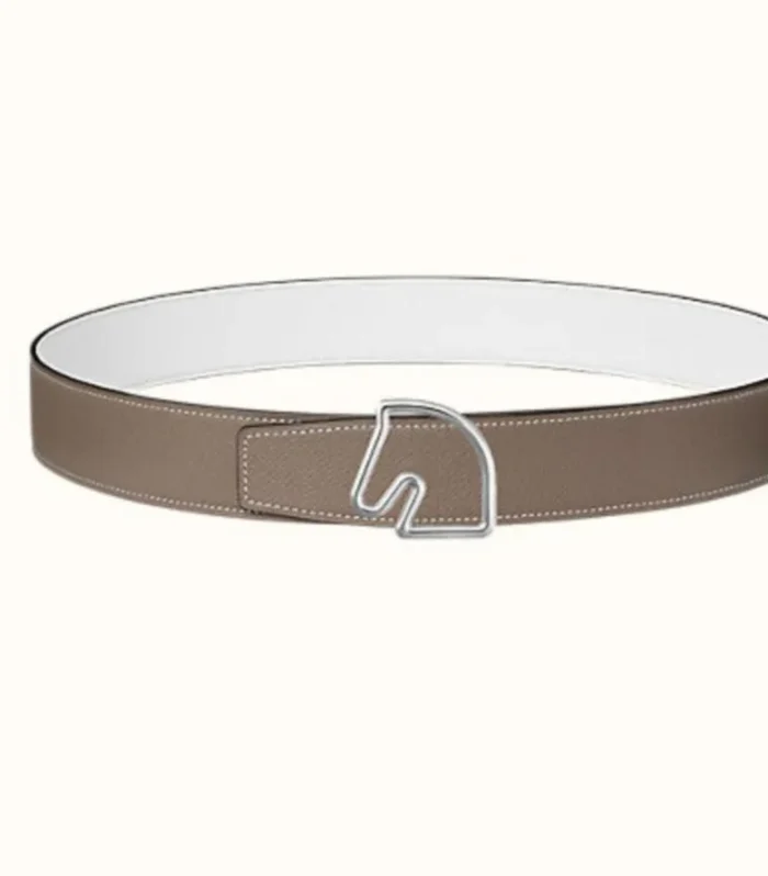 BOUCLE BELT BUCKLE & REVERSIBLE KHAKI BROWN AND WHITE LEATHER STRAP 38MM SILVER HARDWARE