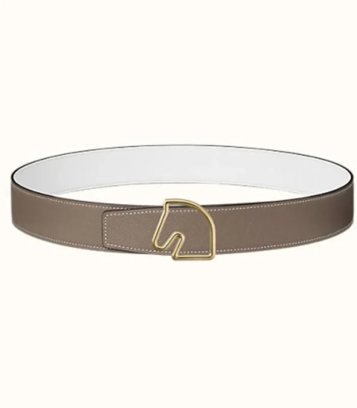 BOUCLE BELT BUCKLE & REVERSIBLE KHAKI BROWN AND WHITE LEATHER STRAP 38MM GOLD HARDWARE
