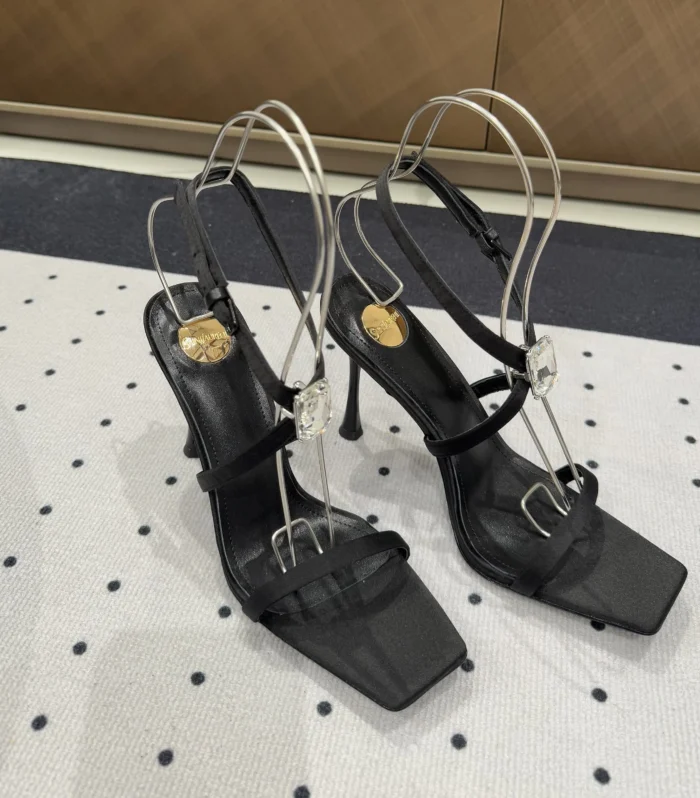 HIGH HEEL SANDALS IN BLACK SILK WTH STRAPS ATTACHED GEM