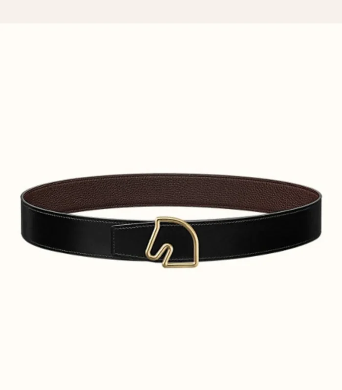 BOUCLE BELT BUCKLE & REVERSIBLE CHOCOLATE BROWN AND BLACK LEATHER STRAP 38MM GOLD HARDWARE