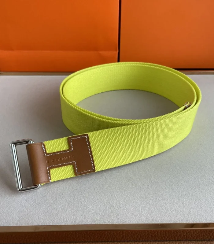 4.0CM YELLOW TEXTILE  BROWN LEATHER H BELT