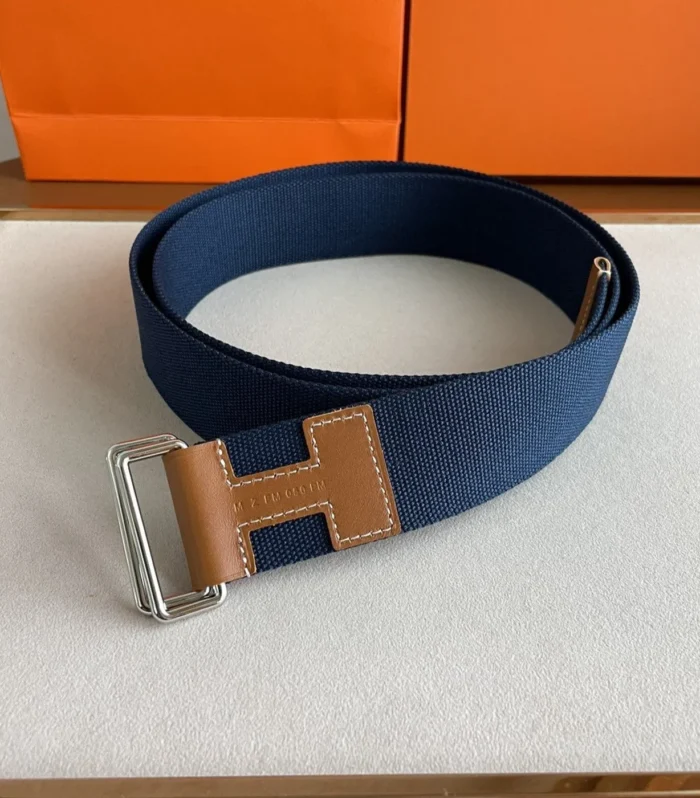 4.0CM BLUE TEXTILE  BROWN LEATHER H BELT
