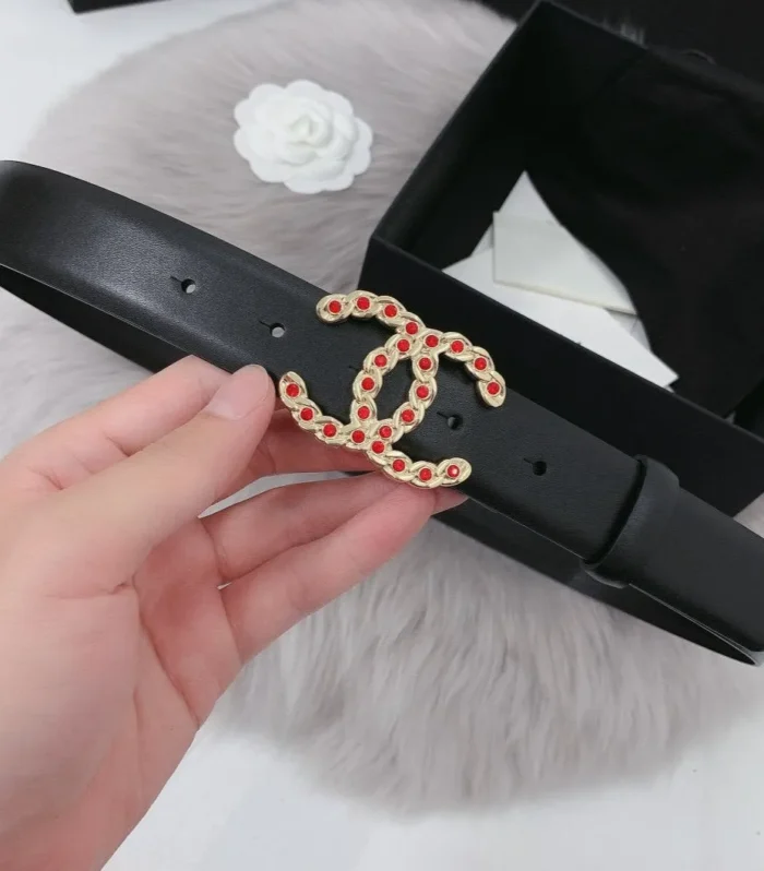 CC WOMEN'S BELT 3.0CM LEATHER BLACK BUCKLE GOLD RED DIAMOND