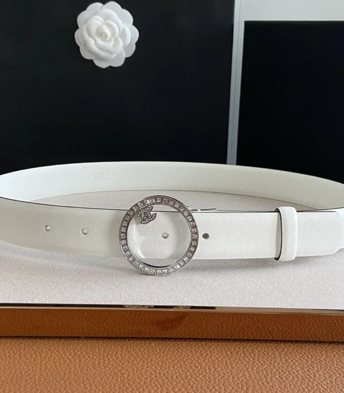 CC BELT 30MM BUCKLE SILVER DIAMOND LEATHER WHITE