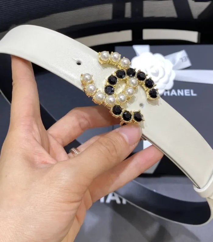 CC BELT 3.0CM LEATHER WHITE BUCKLE GOLD PEARL DIAMOND