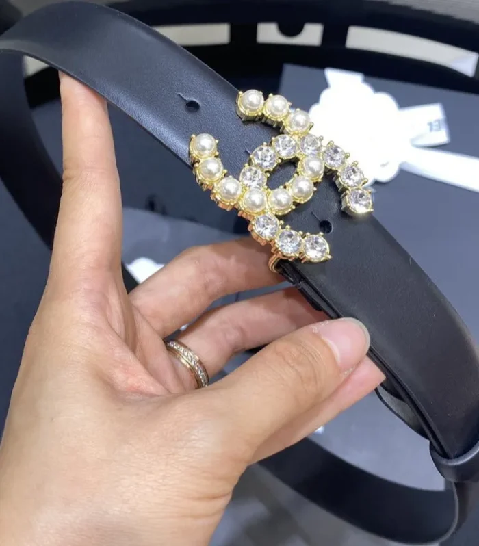 CC BELT 3.0CM LEATHER BLACK BUCKLE GOLD PEARL WHITE DIAMOND