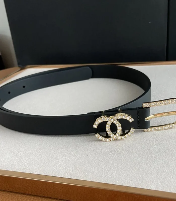 CC BELT 2.0CM BUCKLE GOLD DIAMOND LEATHER BLACK