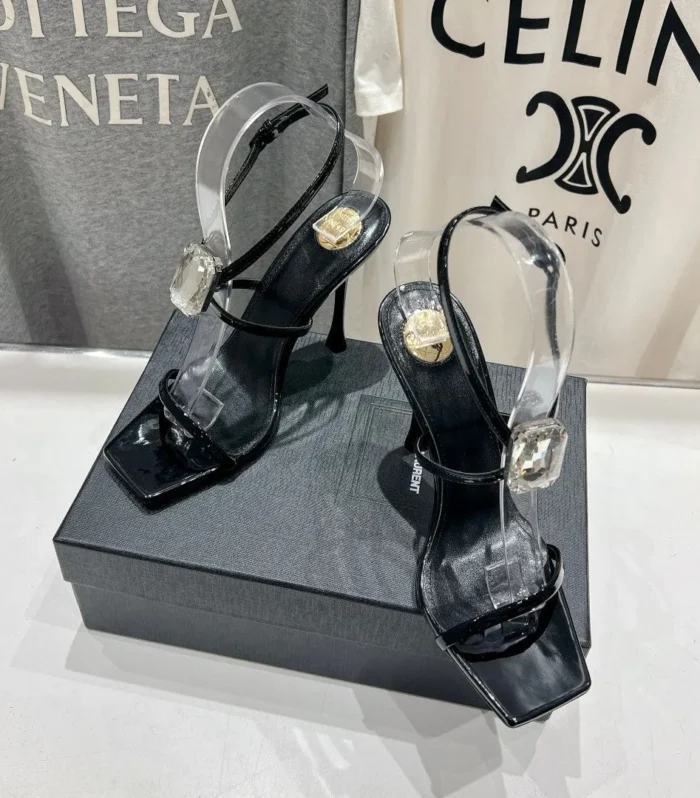 HIGH HEEL SANDALS IN BLACK GLOSSY CALFSKIN WTH STRAPS ATTACHED GEM