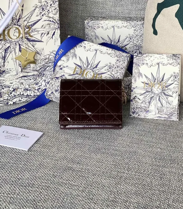 CD Caro 11cm Compact Wallet Shiny Burgundy Calfskin