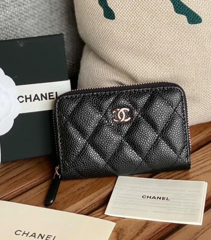 cc zipped wallet 7.5cm black caviar silver hardware