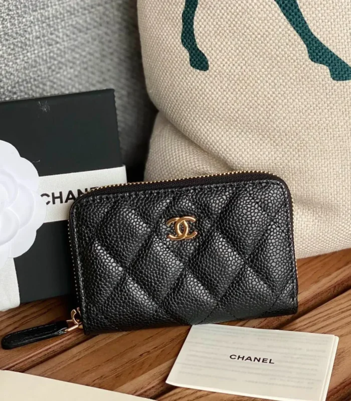 cc zipped wallet 7.5cm black caviar gold hardware