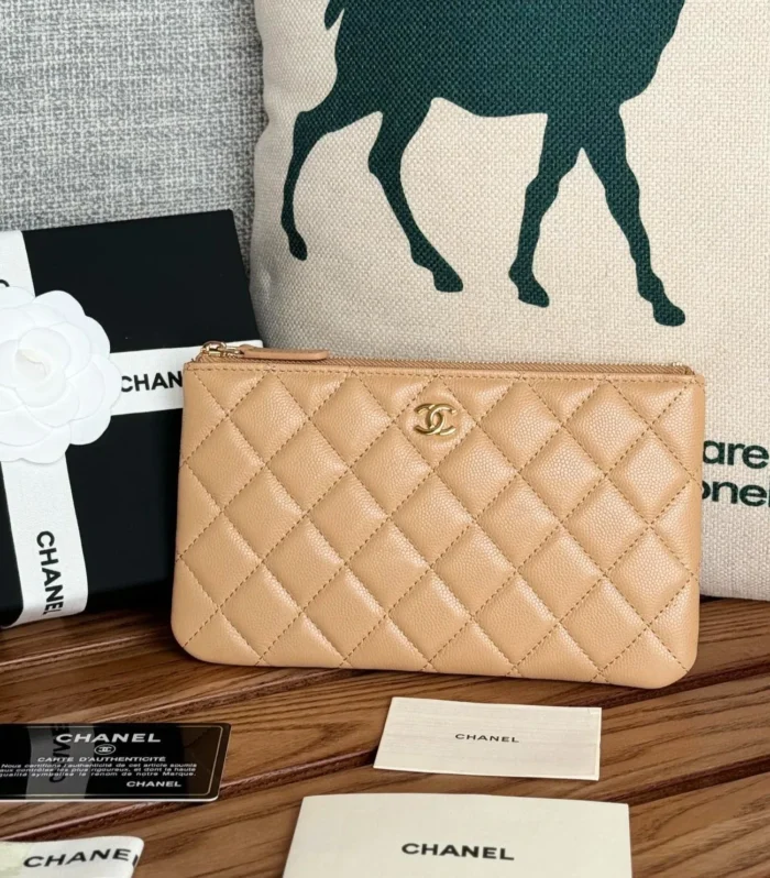 cc zipped wallet 20cm dark beige quilted caviar gold hardware