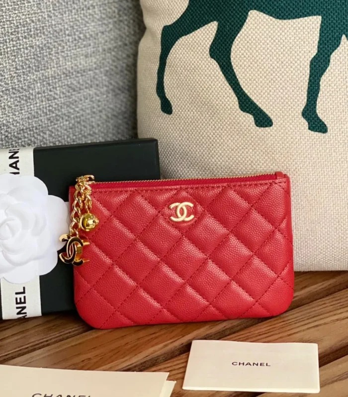 cc zipped wallet 14cm red caviar gold hardware