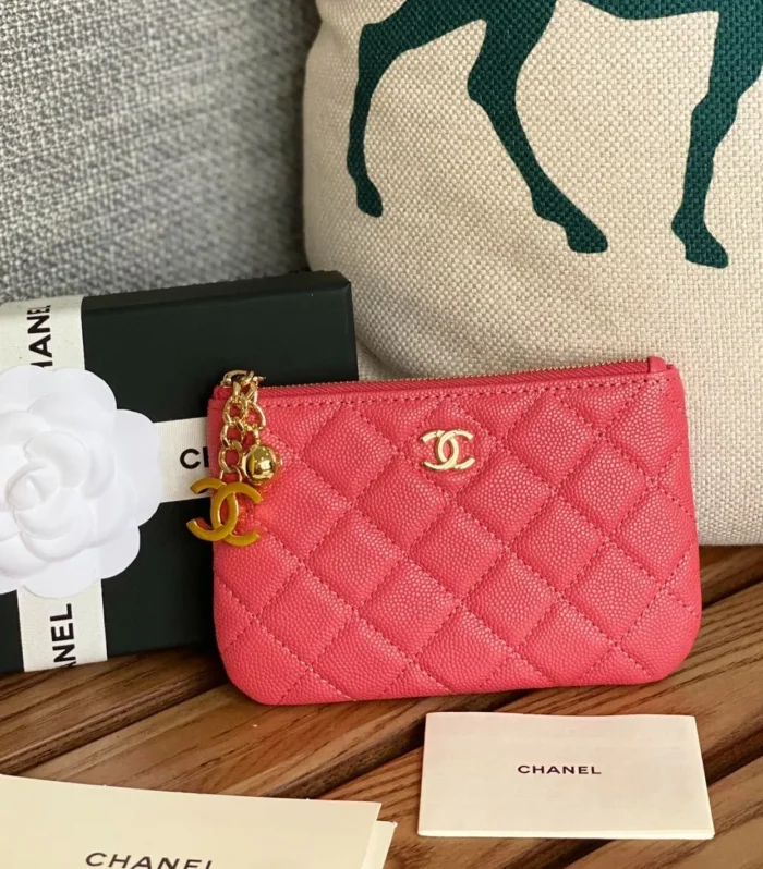 cc zipped wallet 14cm light red caviar gold hardware
