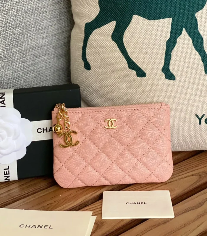 cc zipped wallet 14cm light pink caviar gold hardware