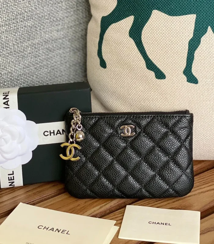 cc zipped wallet 14cm black caviar silver hardware